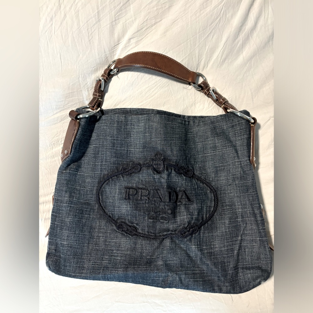 Authentic Vintage Prada Tote Blue Jean Bag Brown Leather Handle